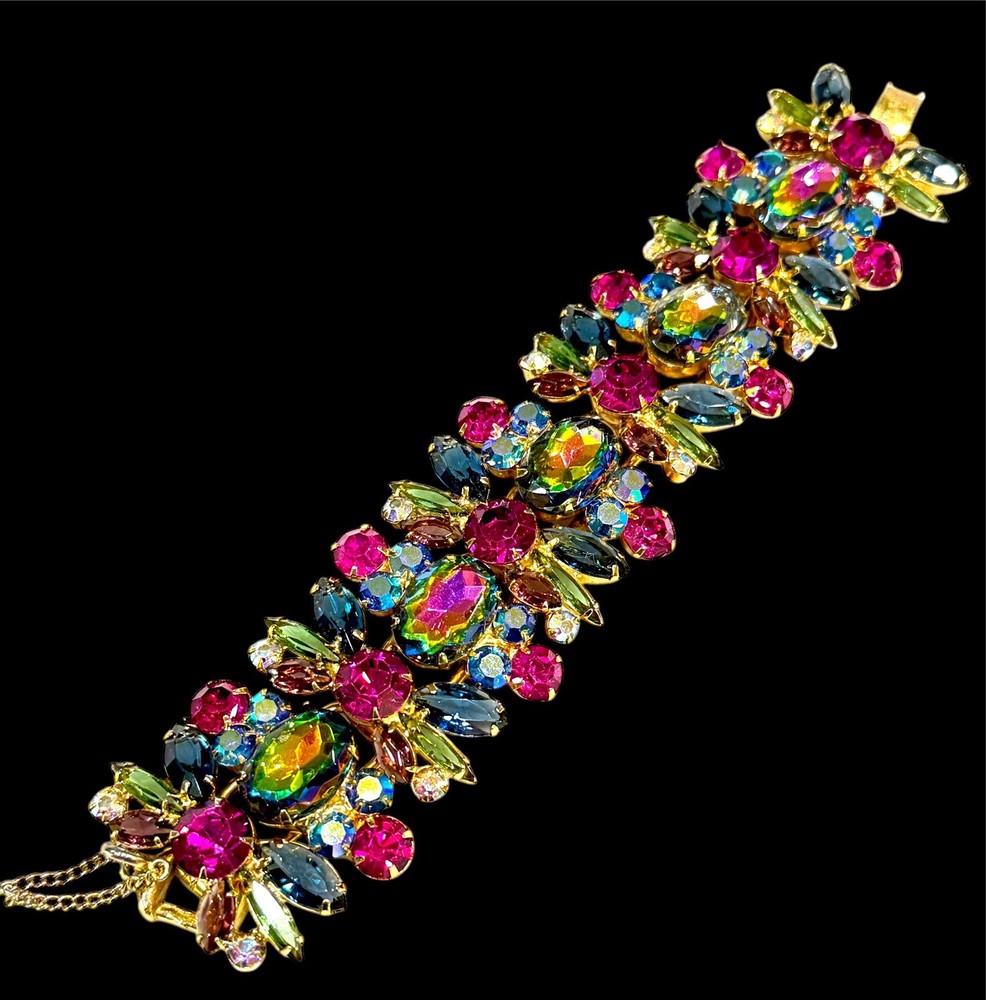 1964 JULIANA D&E HELIOTROPE WATERMELON RHINESTONE STATEMENT WIDE BRACELET BOOK