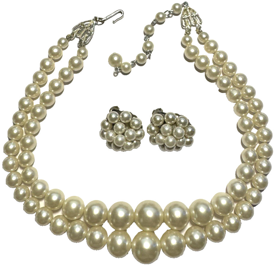 Vintage Jewelry JAPAN Multi Strand Faux Pearl Bead Necklace Mod Earrings Set 1