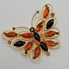 VINTAGE Black and Amber Glass Rhinestone Large Butterfly Brooch Pin Pendant