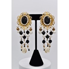 Jacklynn Vintage Beaded Fringe Clip On Earrings Black Crystal Pearl Gold BinBF