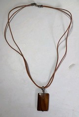 Rectangle Tiger Eye Brown Shell Penadant Necklace Brown Leather Cord 925 Silver