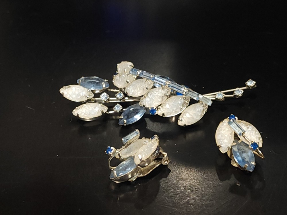 Juliana Delizza & Elster Blue Rhinestone and Glass Clip on Earrings and Brooch