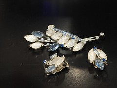 Juliana Delizza & Elster Blue Rhinestone and Glass Clip on Earrings and Brooch