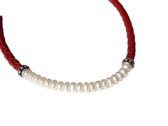 Vintage Honora Pearl Collar Necklace Red Braided Leather 925 Sterling Silver