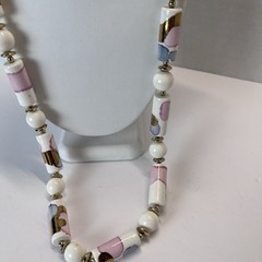 Vintage Ceramic Barrel & Round Beads Necklace – 30” – White Pink Blue – 1980s