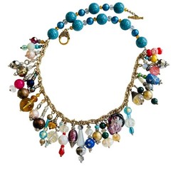 Vtg Art Glass Necklace Beaded Charm dangle Flashy colorful crystal Rare 18″ L