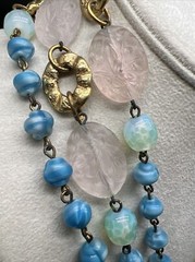 Vintage Freirich Blue White Green Pink Art glass Goldtone 62” necklace earring