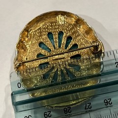 VTG Ciner Peking Green Glass Brooch Cabochon Gold Black Rhinestone, 2.25”x1.75”