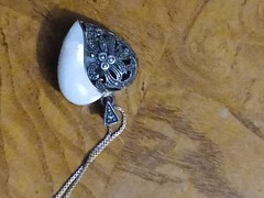 VINTAGE THAI Sterling Silver Mother of Pearl Markasite Heavy Locket 18” Chain