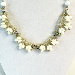 Vintage 50s Bogoff Necklace White Milk Glass Rhinestones Goldtone 16″ Adjustable