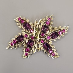 Vintage Rhinestone Butterfly Brooch Clip On Earring Set Pink Purple Gold Tone