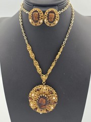 West Germany Rootbeer Cameo Set Filigree Faux Pearl Rhinestone Necklace