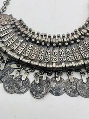 Vintage Silver Tone Boho Ethnic Tribal Coin Coachella Fringe Statement Necklace