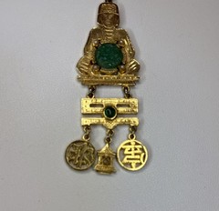 Vintage Chinese-Inspired Faux Jade Gilt Metal Pendant w/Dangles- Costume Jewelry