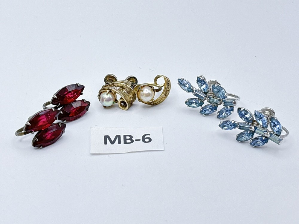 Lot Of 3 Vintage Screw Back Earrings BELL, Sterling, Sorrento, Rhinestones