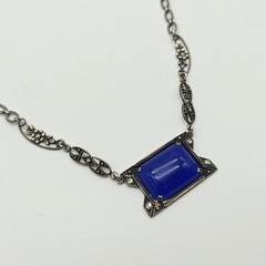 Vintage Sterling Silver 925 Blue Chalcedony Marcasite Necklaces 15.5″