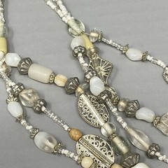 Layered Beaded Necklace Acrylic Glass White Silver Multi Strand Collar Boho 19″