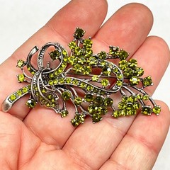 VTG Floral Spray Bow Pin Brooch Sparkling AB Peridot Green Crystal Rhinestones