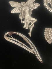 VTG Brooch Jewelry Lot Silver Tone FAIRY HEART ANGEL DOG BOW Rhinestone Clips