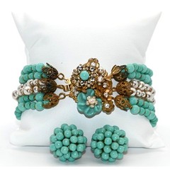 Vintage Signed Miriam Haskell Turquoise Bead Bracelet & Clip On Earrings Set