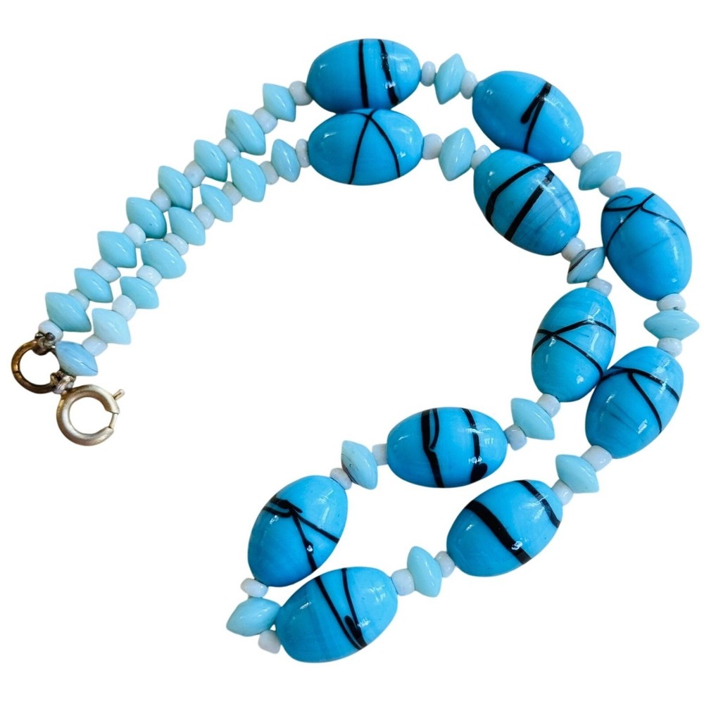 VTG Art Deco Czech Pastel Blue Glass Choker Necklace Retro Aqua Chunky Beads 16″