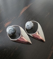 Snowflake Obsidian Sterling Silver Modernist Earrings Vtg Statement Earrings