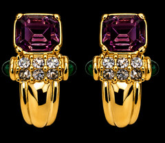 VTG Nolan Miller Clip On Earrings Gold Tone Purple Green Retro Glam Dynasty