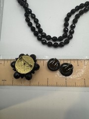 Vintage Jet Black Faceted Bead Double Strand Necklace Earring Brooch Jewelry Set