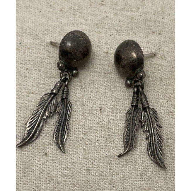Vintage Sterling Silver 925 Double Feather Dangle Post Earrings Southwestern