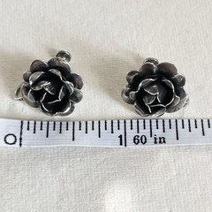 Vintage Oxidized Sterling Silver 3D Rose Flower Screw Back Stud Earrings