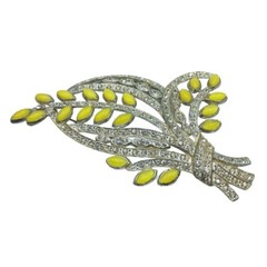 Rhinestone Brooch Floral Spray Yellow Clear Stones Flower Pin Pot Metal Vintage