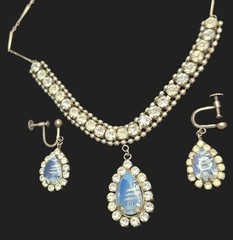 1950s Opaline Glass Intaglio Pagoda Design Demi-Parure Necklace Earrings Set