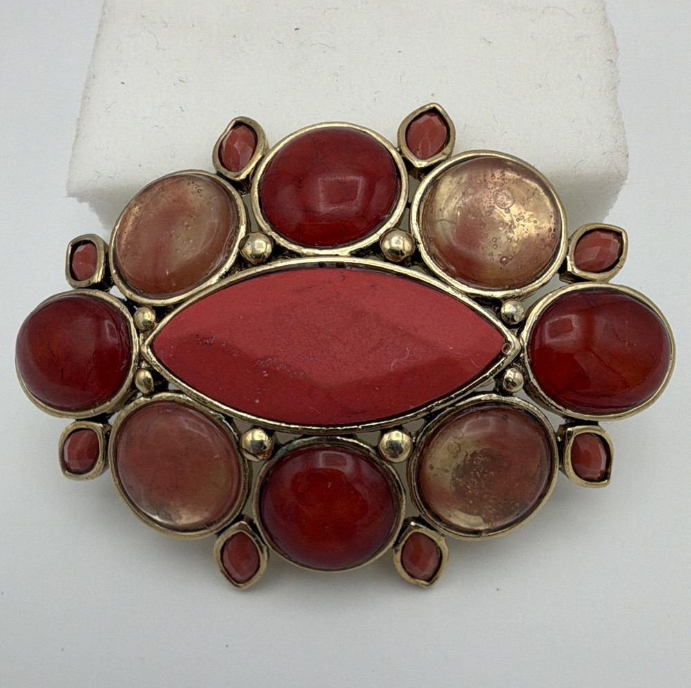 Signed Oval Red and Orange Cabochon Stone Brooch Pin Gold Tone Bezel Set