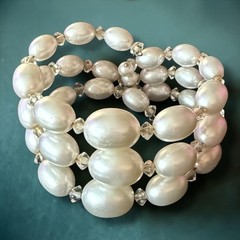 Faux Pearl Bracelet Memory Wire Crystal Multi Strand Wrap Cuff Vintage