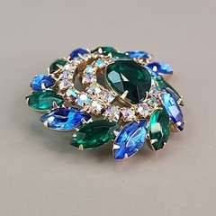 Vintage Rhinestone Brooch Blue Green AB Swirl Gold Tone 2.25″