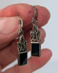 Vintage Sterling Silver 925 Art Deco Style Marcasite Black Onyx Dangle Earrings