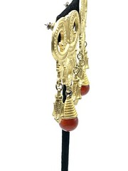 Vintage Etruscan Revival Brushed Gold Drop Dangle Lucite Red Carnelian Earrings
