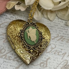 Gold Heart Locket Photo Birthday Anniversary Wedding Green Butterfly Necklace
