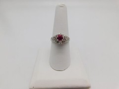 SWEET ANTIQUE 18K SOLID WHITE GOLD DIAMOND RUBY STONE RING