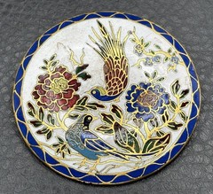 Vintage HUGE Cloisonné Enamel Brooch Birds Flowers Old Trombone Clasp