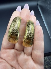 Vintage Large Thick Who Like Golden Flower Etched Earrings