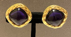 Vintage TriffariGold Tone Clip Earrings Signed Faux Amethyst Cabochon 1 1/4