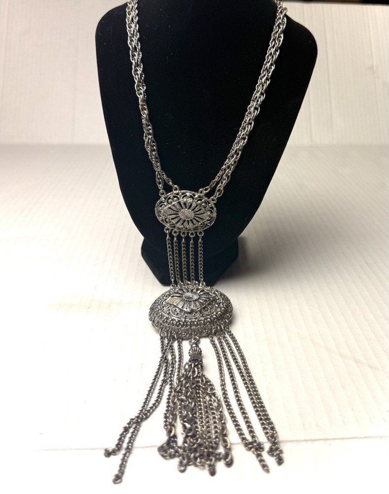 Vintage Tribal Ethnic Filigree Metalwork Fringe Tassel Necklace Silver Tone Boho