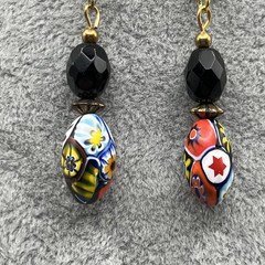 Vintage Venetian Colorful Millefiori Art Glass Beaded Dangle Drop Earrings