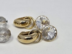2 Pairs Vintage Gold Tone & Clear Rhinestone Clip-on Earrings Dangle Drop Style