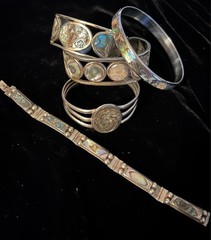5 pc Vintage 60s 70s Alpaca Silver Mexico Abalone Cuff Bangle Panel Bracelet Lot