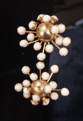 MCM Atomic Milk Glass Clip On Earrings Gold Tone