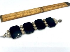 Vintage Chunky Black Stone Gemstone Silver Bead Wide Bracelet RO-DO NOS Saks