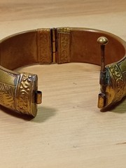 Vintage hinged brass bangle bracelet with etchings/ pin closure Morocco Or India
