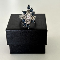 Vintage Blue & Clear Crystal White Gold Plated Statement Cluster Ring Size 6